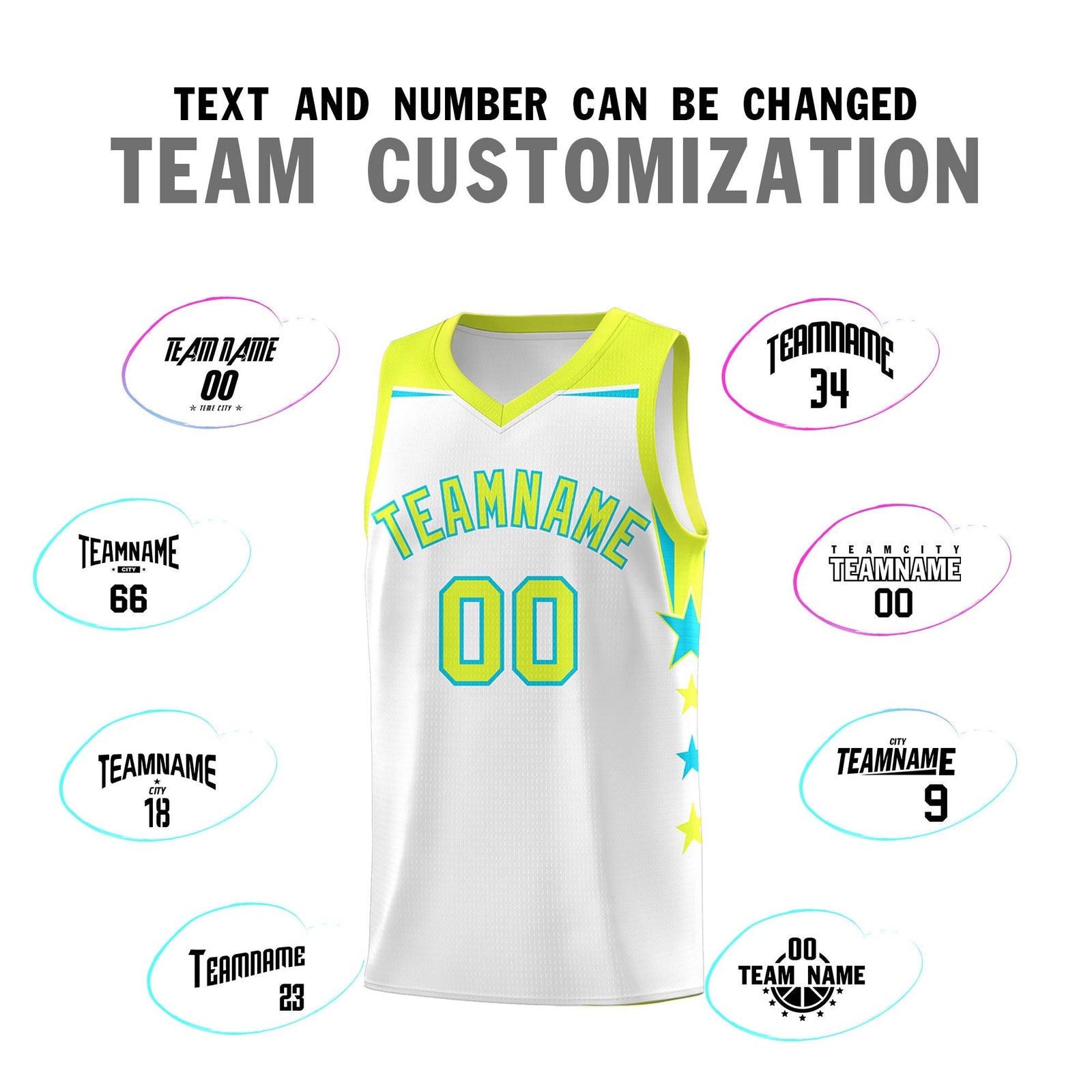 Custom Youth Basketball Uniform White Fluorescent Green Two Tone Side Star Add Name Number & Logo