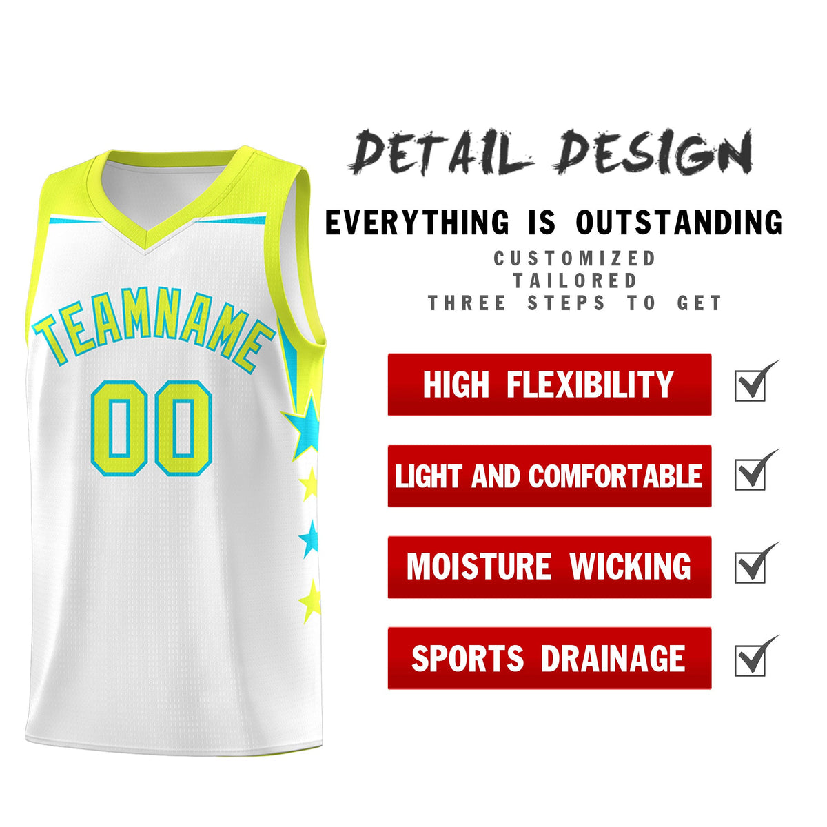 Custom Youth Basketball Uniform White Fluorescent Green Two Tone Side Star Add Name Number & Logo