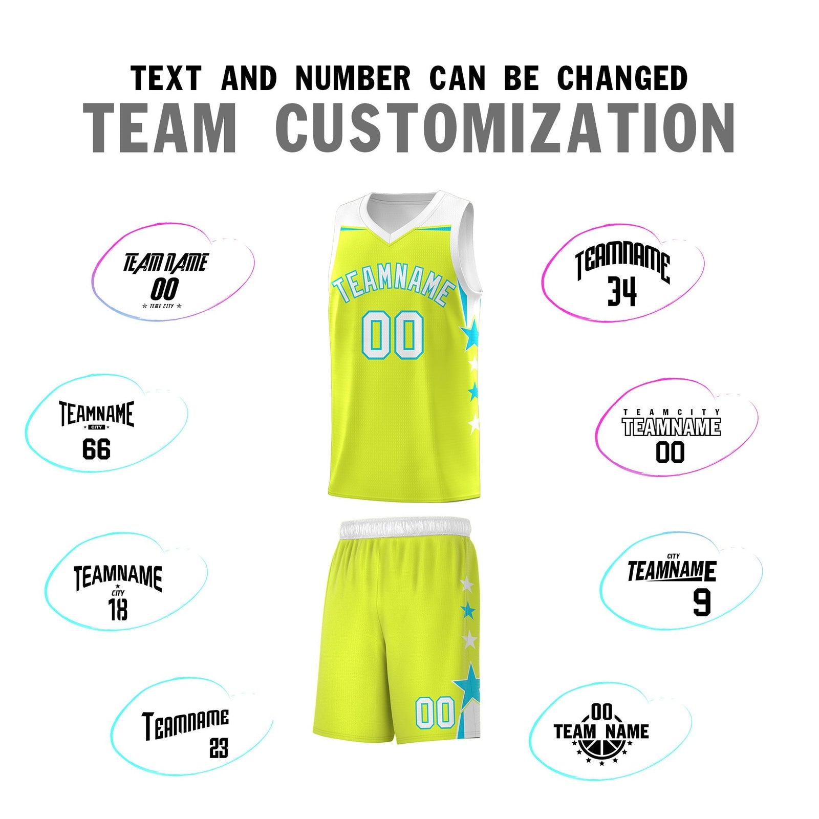 Custom Youth Basketball Uniform Fluorescent Green White Two Tone Side Star Personalized Team Jersey