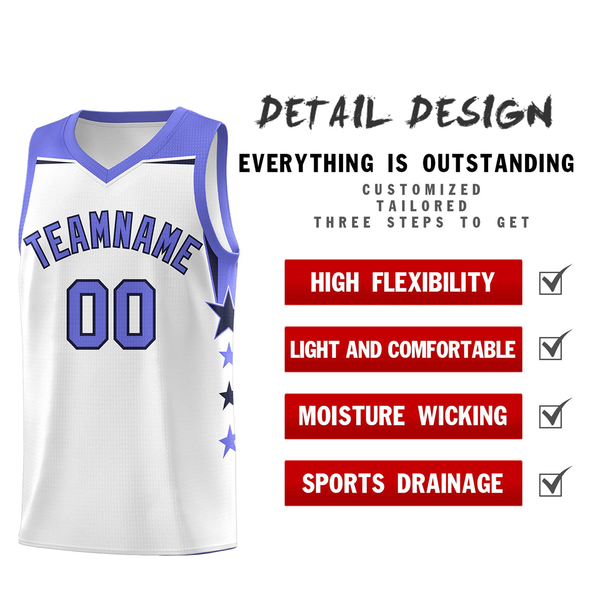 Custom Youth Basketball Uniform White Purple Two Tone Side Star Add Name Number & Logo