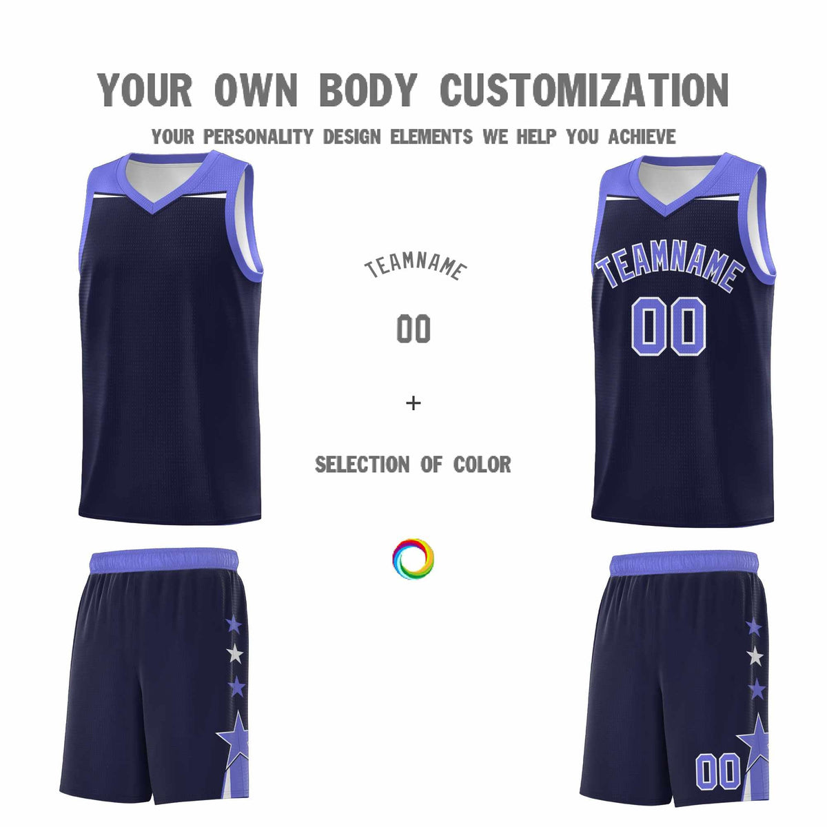 Custom Youth Basketball Uniform Navy Purple Two Tone Side Star Color Block Team Jersey