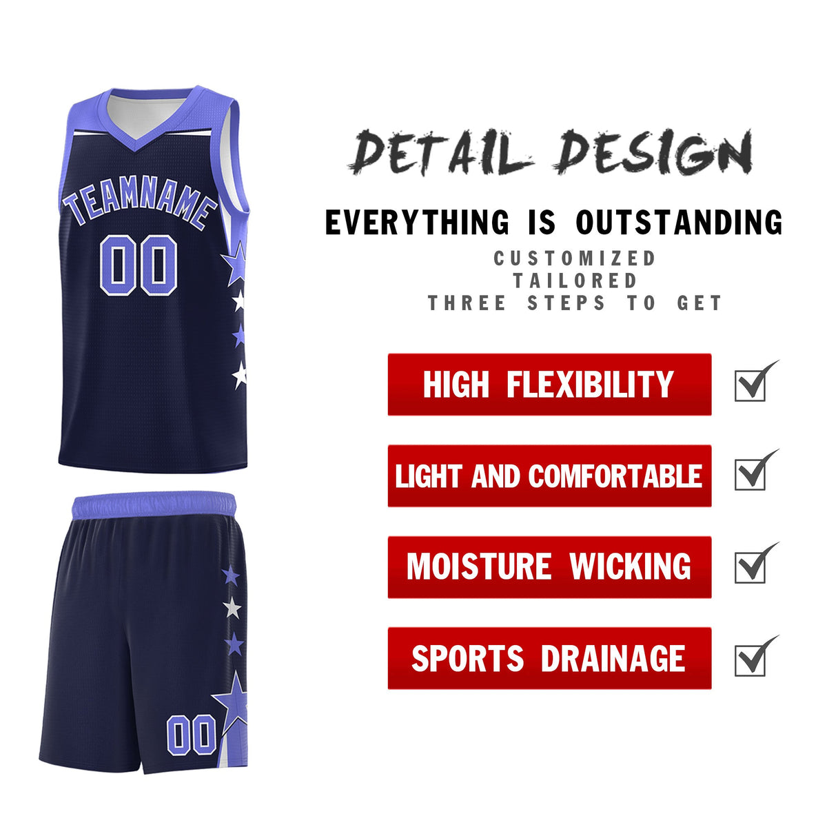 Custom Youth Basketball Uniform Navy Purple Two Tone Side Star Color Block Team Jersey