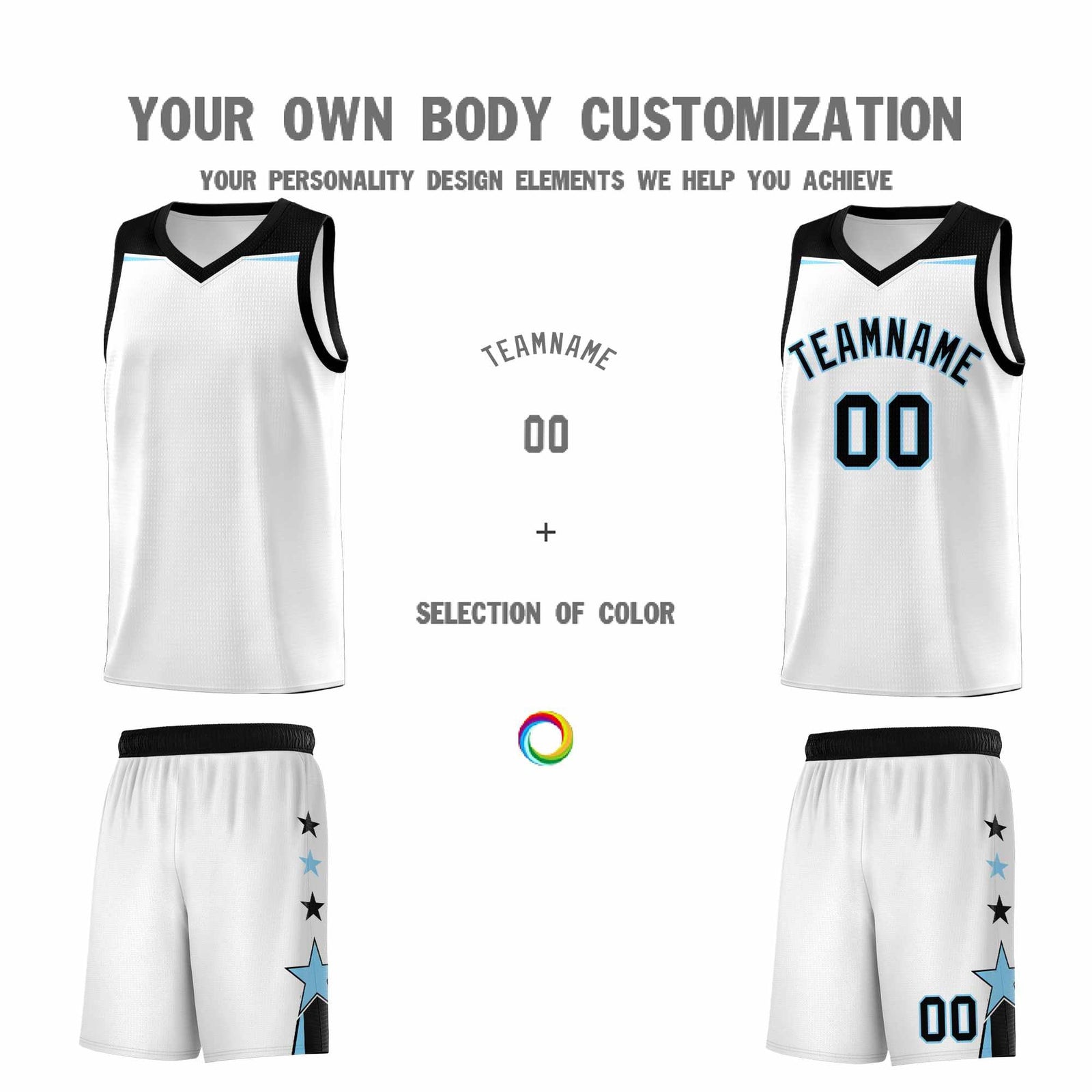 Custom Youth Basketball Uniform White Light Blue Two Tone Side Star Add Name Number & Logo