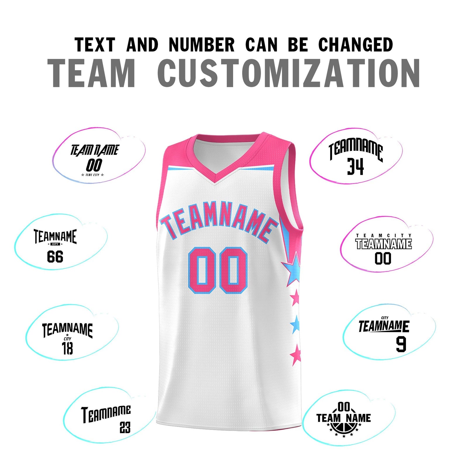 Custom Youth Basketball Uniform White Pink Two Tone Side Star Add Name Number & Logo