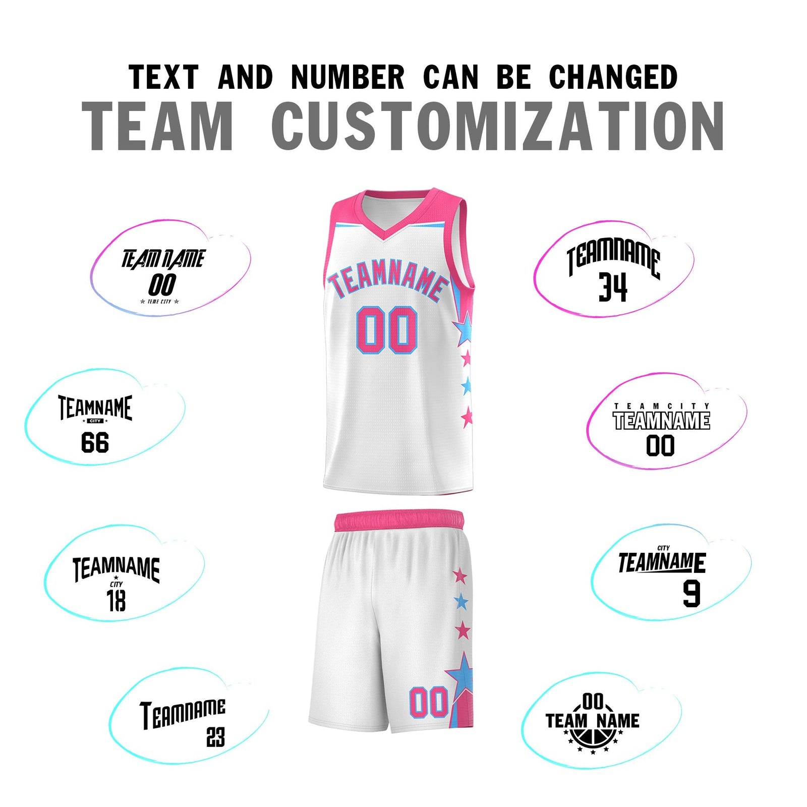 Custom Youth Basketball Uniform White Pink Two Tone Side Star Add Name Number & Logo