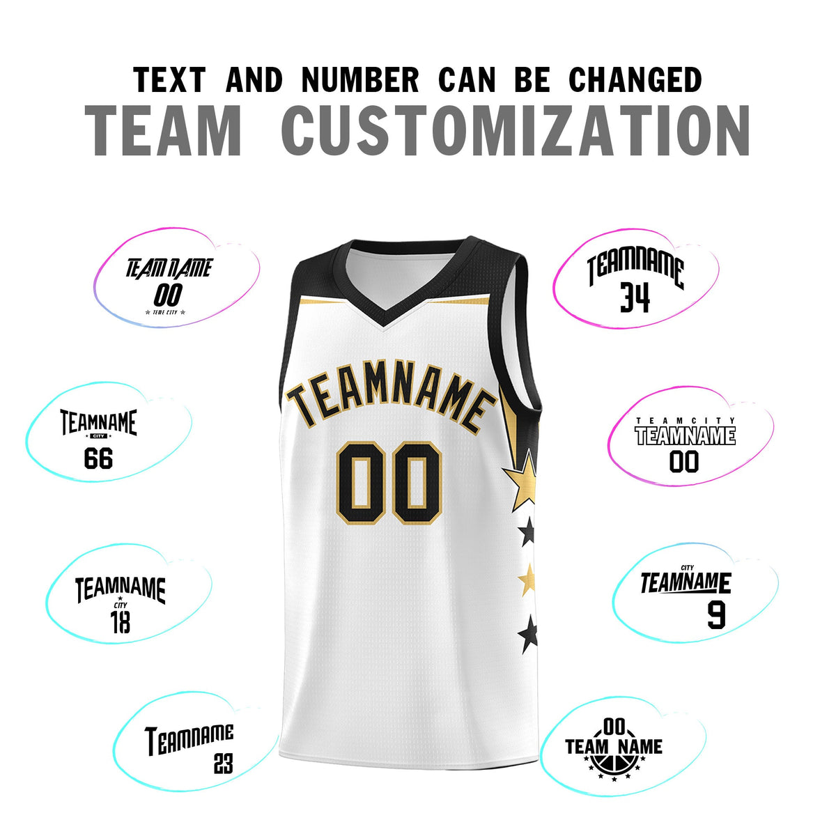 Custom Youth Basketball Uniform White Black Two Tone Side Star Add Name Number & Logo