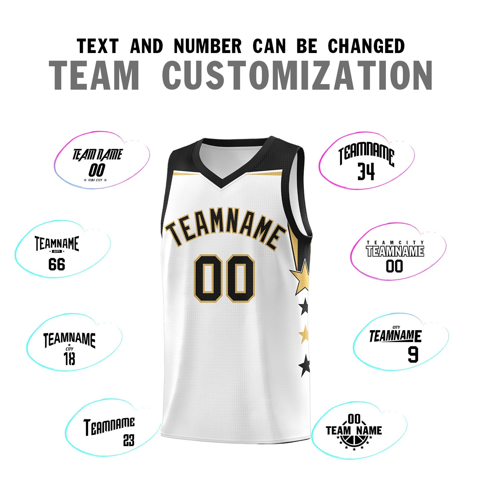 Custom Youth Basketball Uniform White Black Two Tone Side Star Add Name Number & Logo