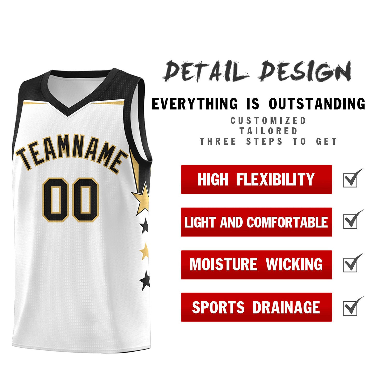 Custom Youth Basketball Uniform White Black Two Tone Side Star Add Name Number & Logo