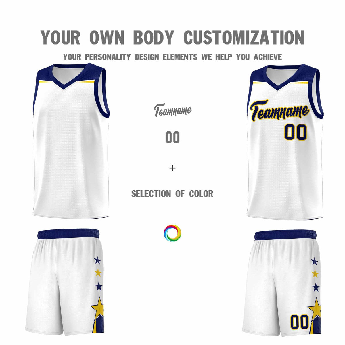 Custom Youth Basketball Uniform White Navy Two Tone Side Star Personalized Team Jersey