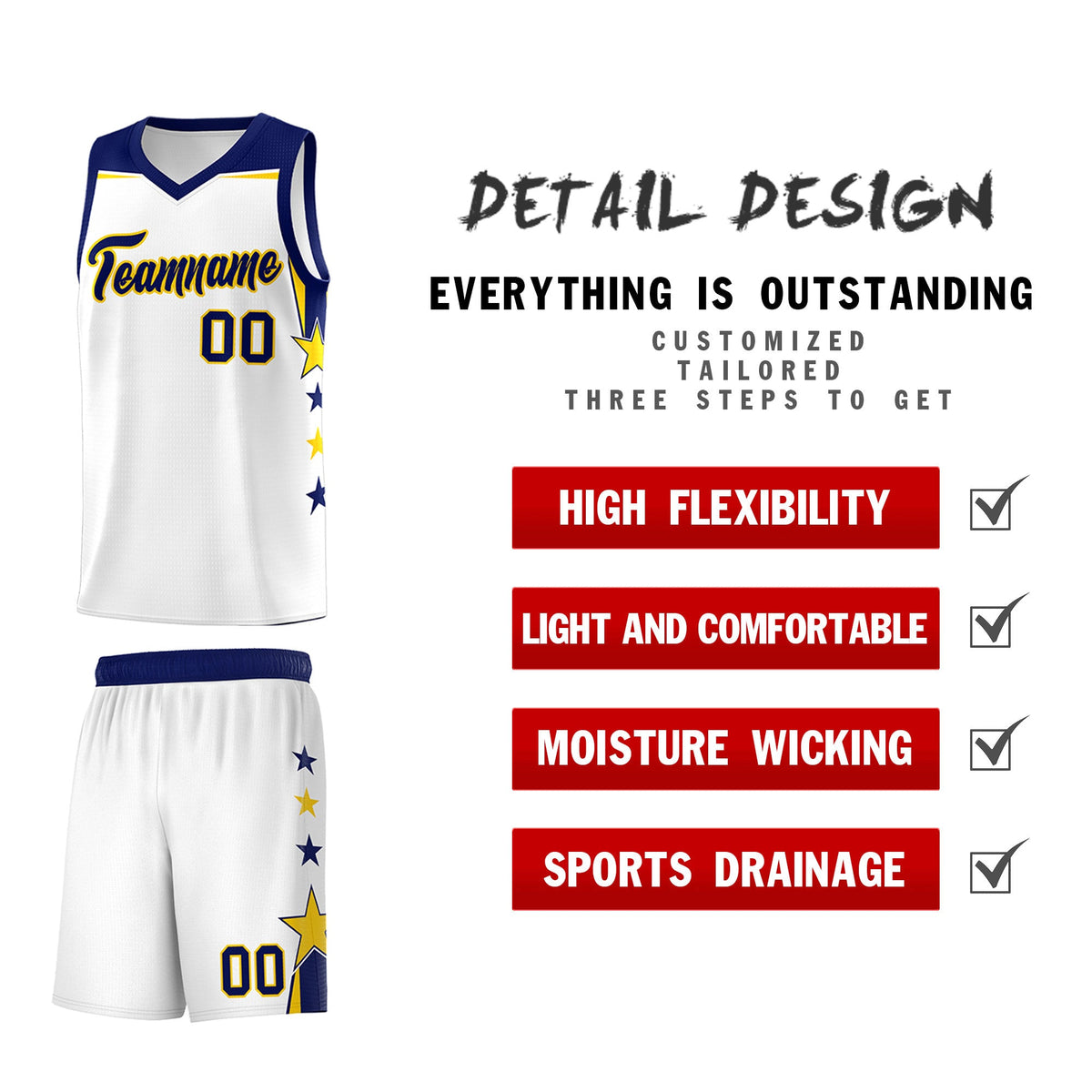 Custom Youth Basketball Uniform White Navy Two Tone Side Star Personalized Team Jersey