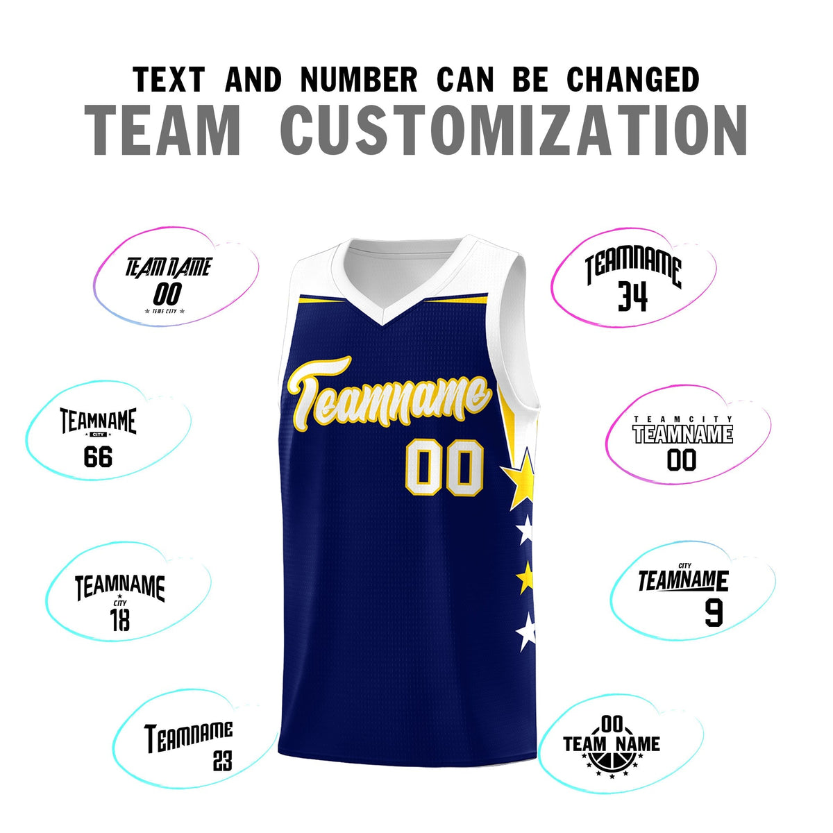 Custom Youth Basketball Uniform Navy White Two Tone Side Star Add Name Number & Logo