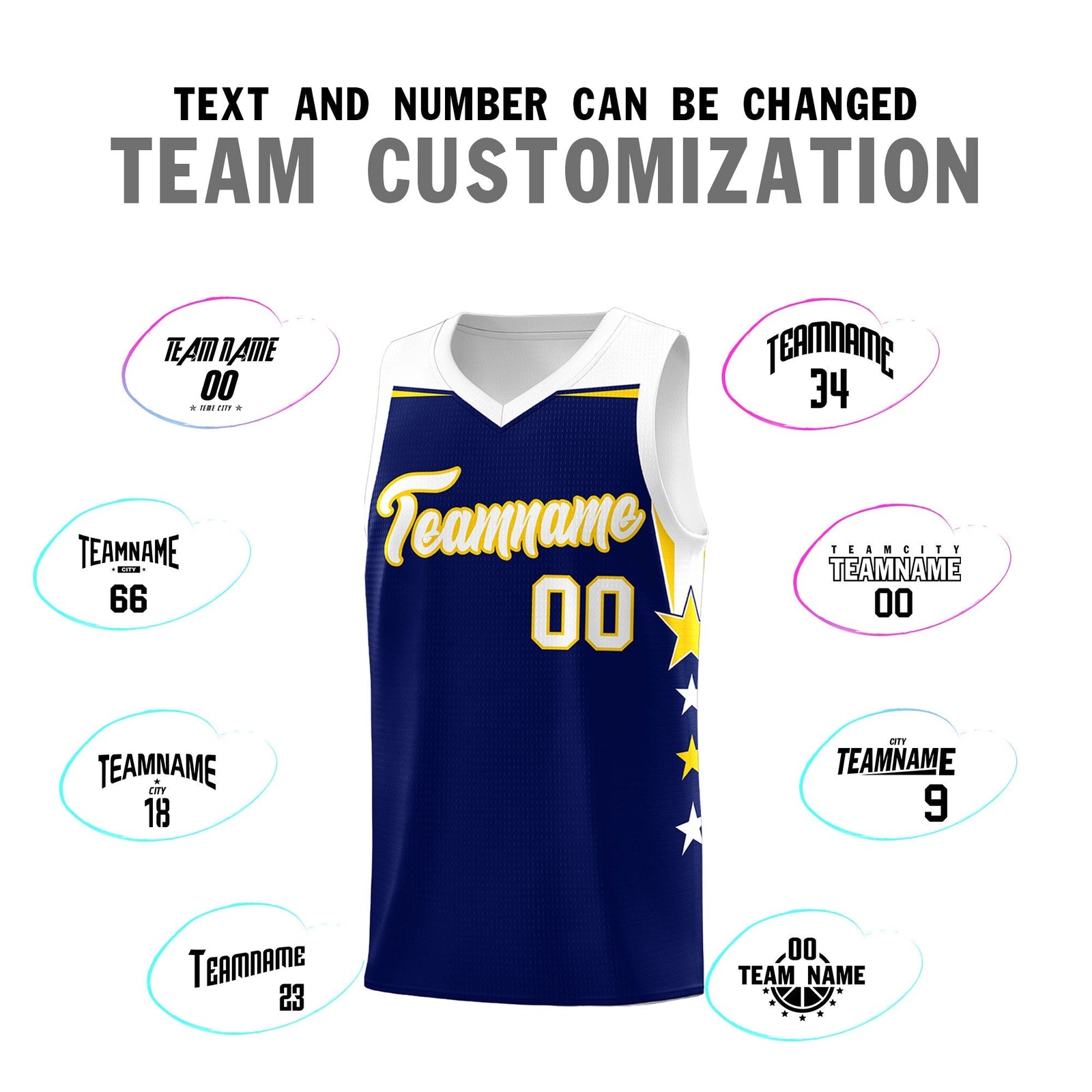 Custom Youth Basketball Uniform Navy White Two Tone Side Star Add Name Number & Logo