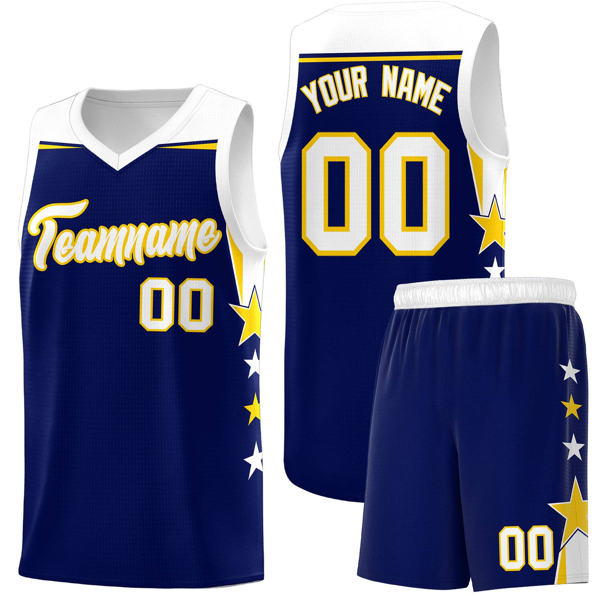 Custom Youth Basketball Uniform Navy White Two Tone Side Star Add Name Number & Logo