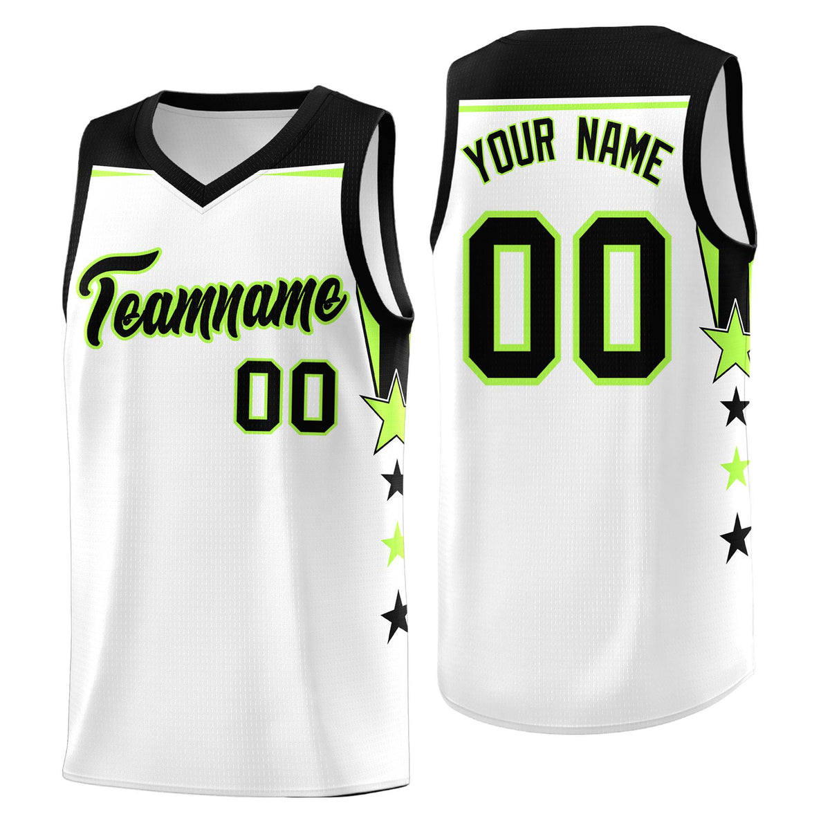 Custom Youth Basketball Uniform White Black Two Tone Side Star Add Name Number & Logo
