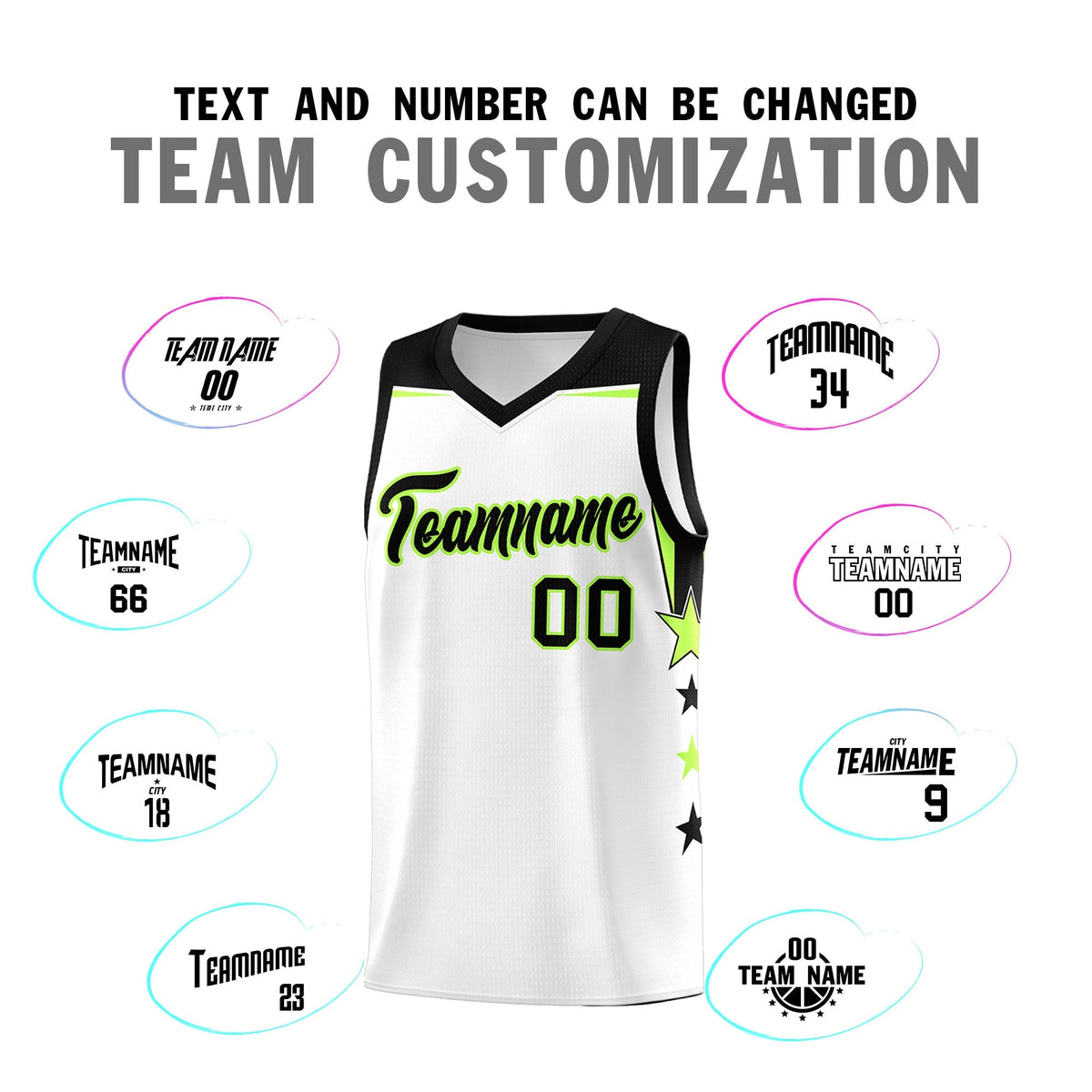 Custom Youth Basketball Uniform White Black Two Tone Side Star Add Name Number & Logo