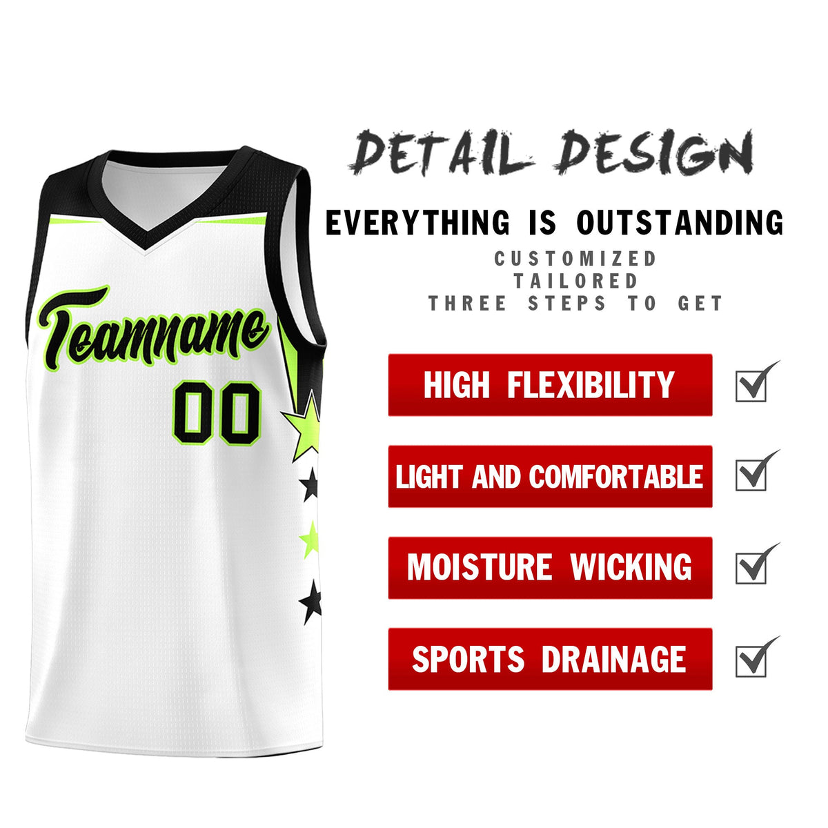 Custom Youth Basketball Uniform White Black Two Tone Side Star Add Name Number & Logo