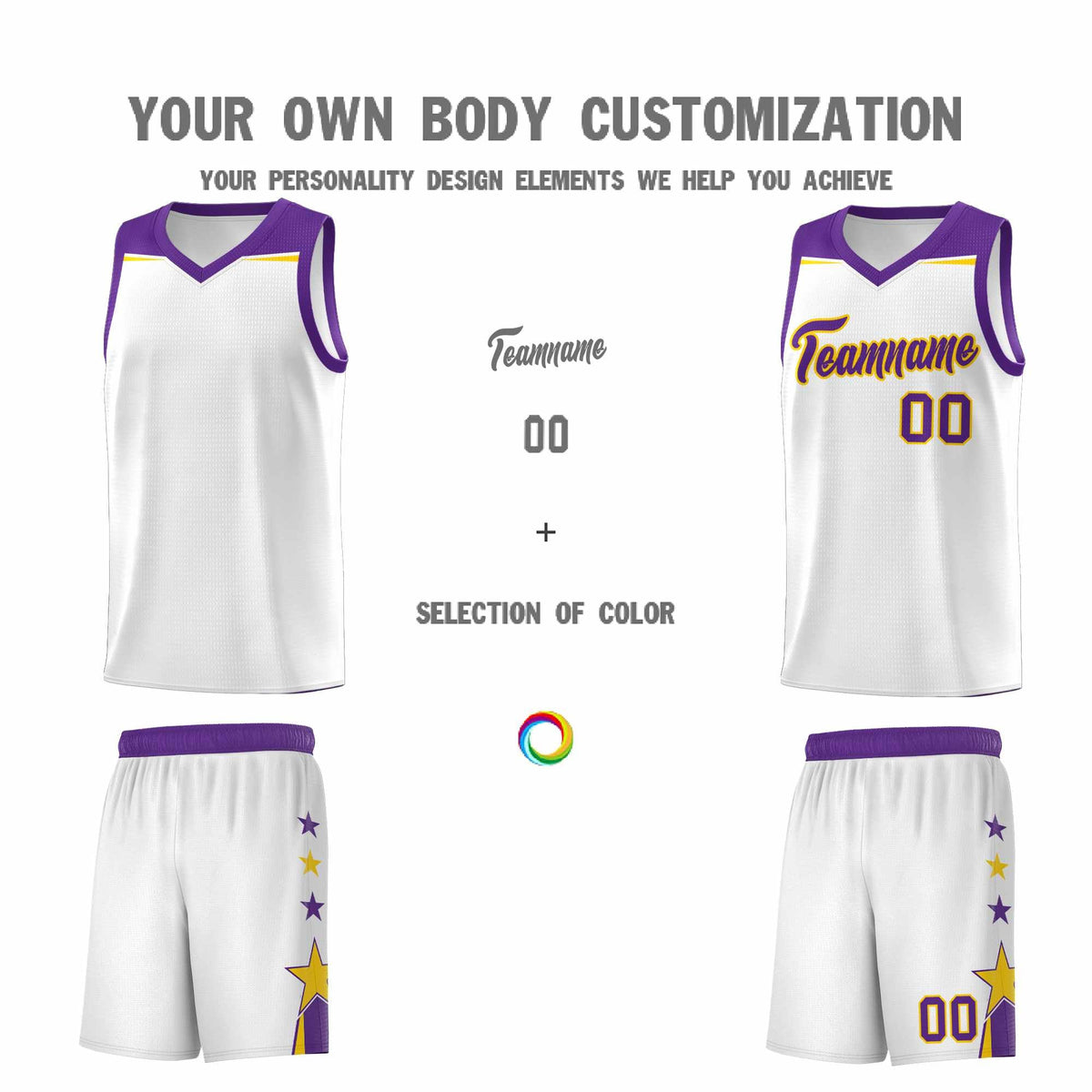 Custom Youth Basketball Uniform White Purple Two Tone Side Star Color Block Team Jersey
