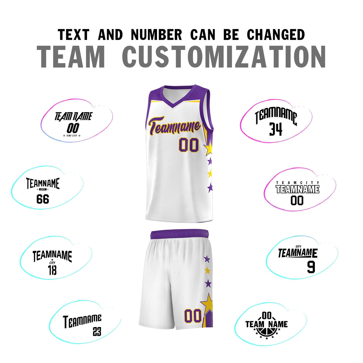 Custom Youth Basketball Uniform White Purple Two Tone Side Star Color Block Team Jersey