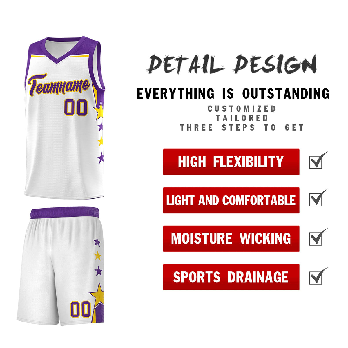 Custom Youth Basketball Uniform White Purple Two Tone Side Star Color Block Team Jersey
