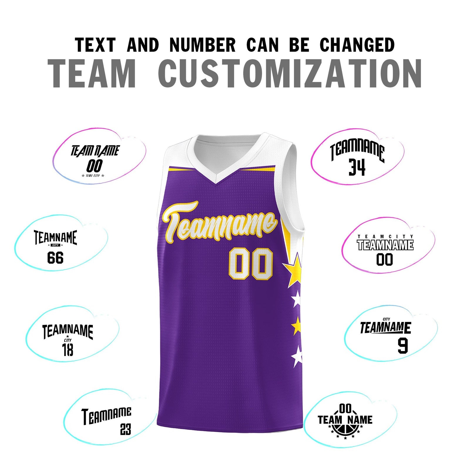 Custom Youth Basketball Uniform Purple White Two Tone Side Star Add Name Number & Logo