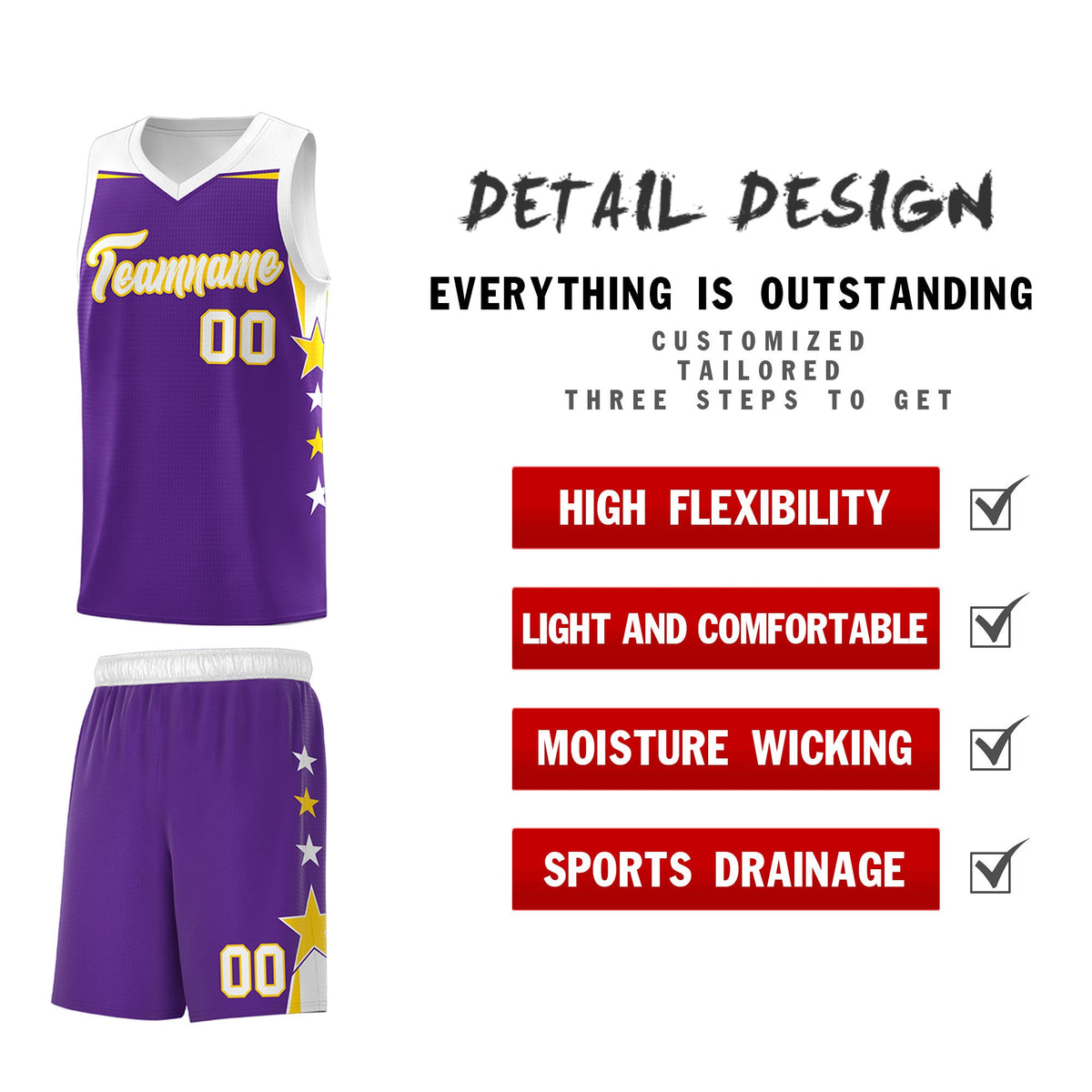 Custom Youth Basketball Uniform Purple White Two Tone Side Star Add Name Number & Logo