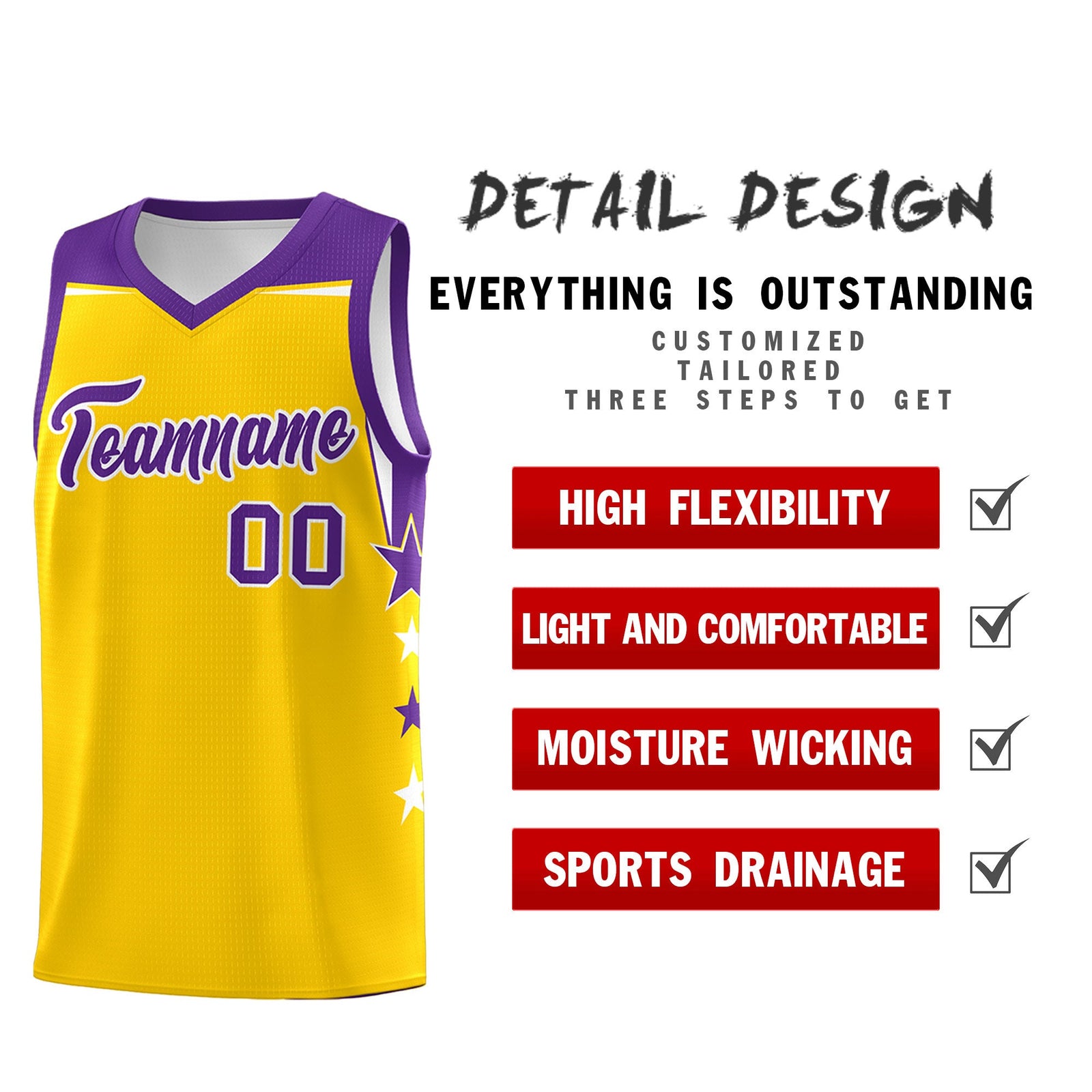 Custom Youth Basketball Uniform Gold Purple Two Tone Side Star Personalized Team Jersey