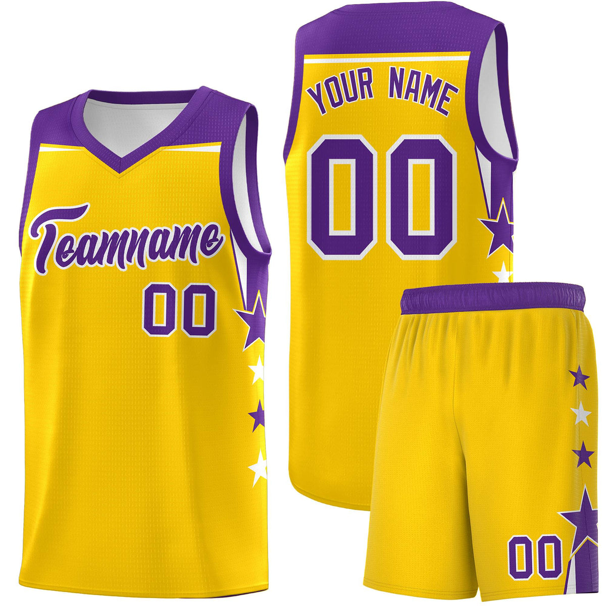 Custom Youth Basketball Uniform Gold Purple Two Tone Side Star Personalized Team Jersey