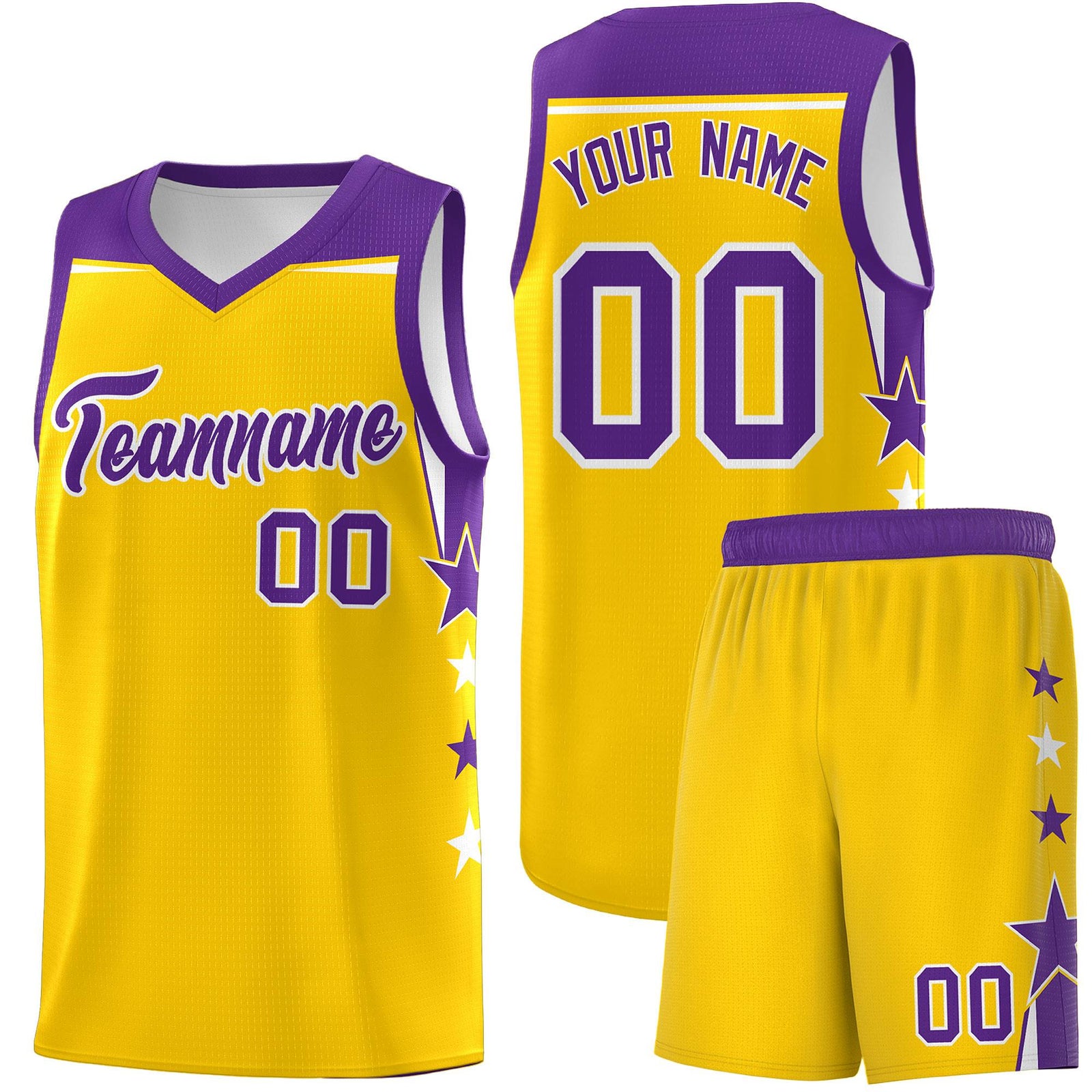 Custom Youth Basketball Uniform Gold Purple Two Tone Side Star Personalized Team Jersey