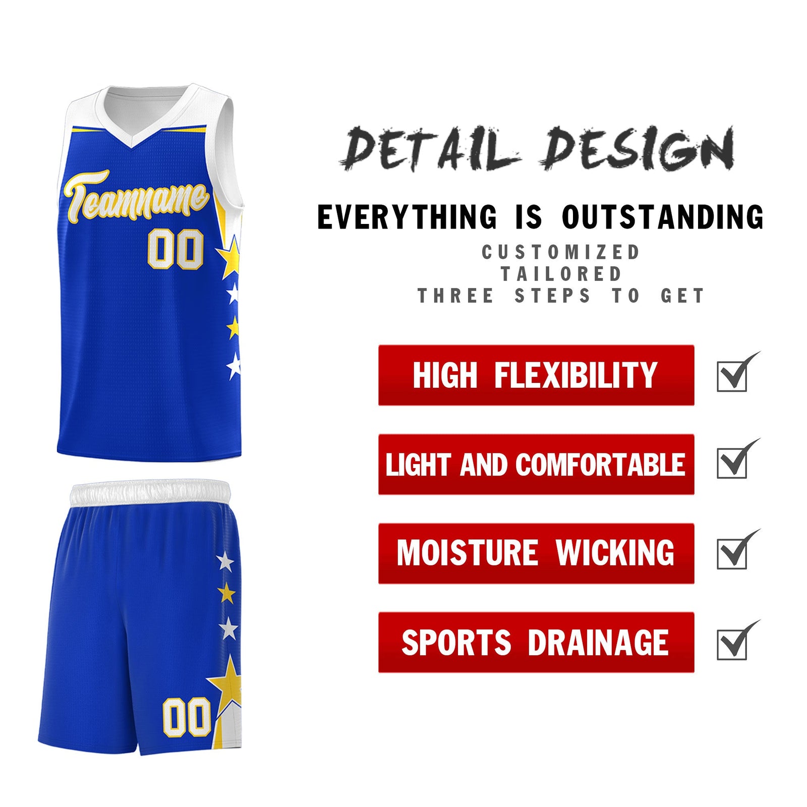 Custom Youth Basketball Uniform Royal White Two Tone Side Star Add Name Number & Logo