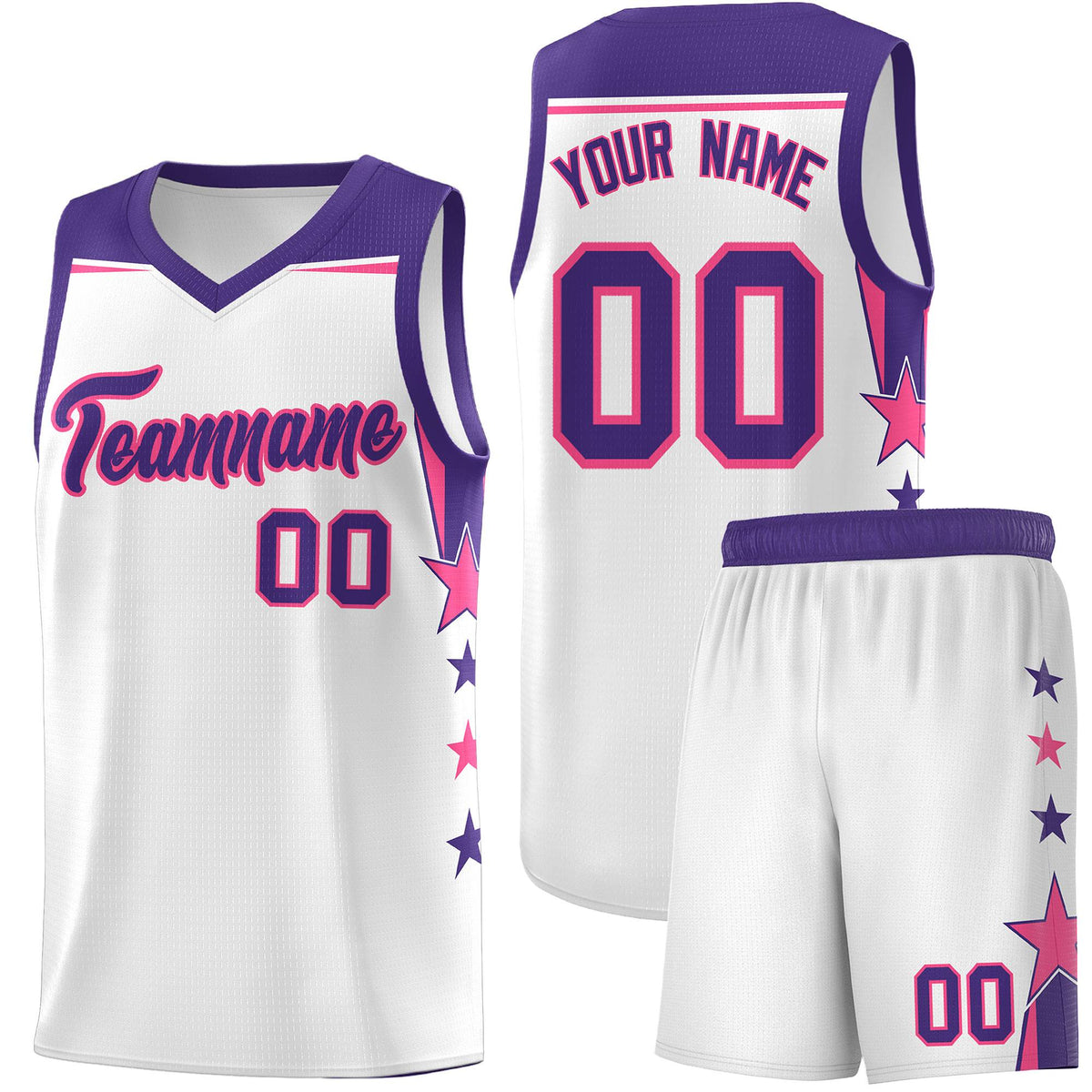 Custom Youth Basketball Uniform White Purple Two Tone Side Star Color Block Team Jersey
