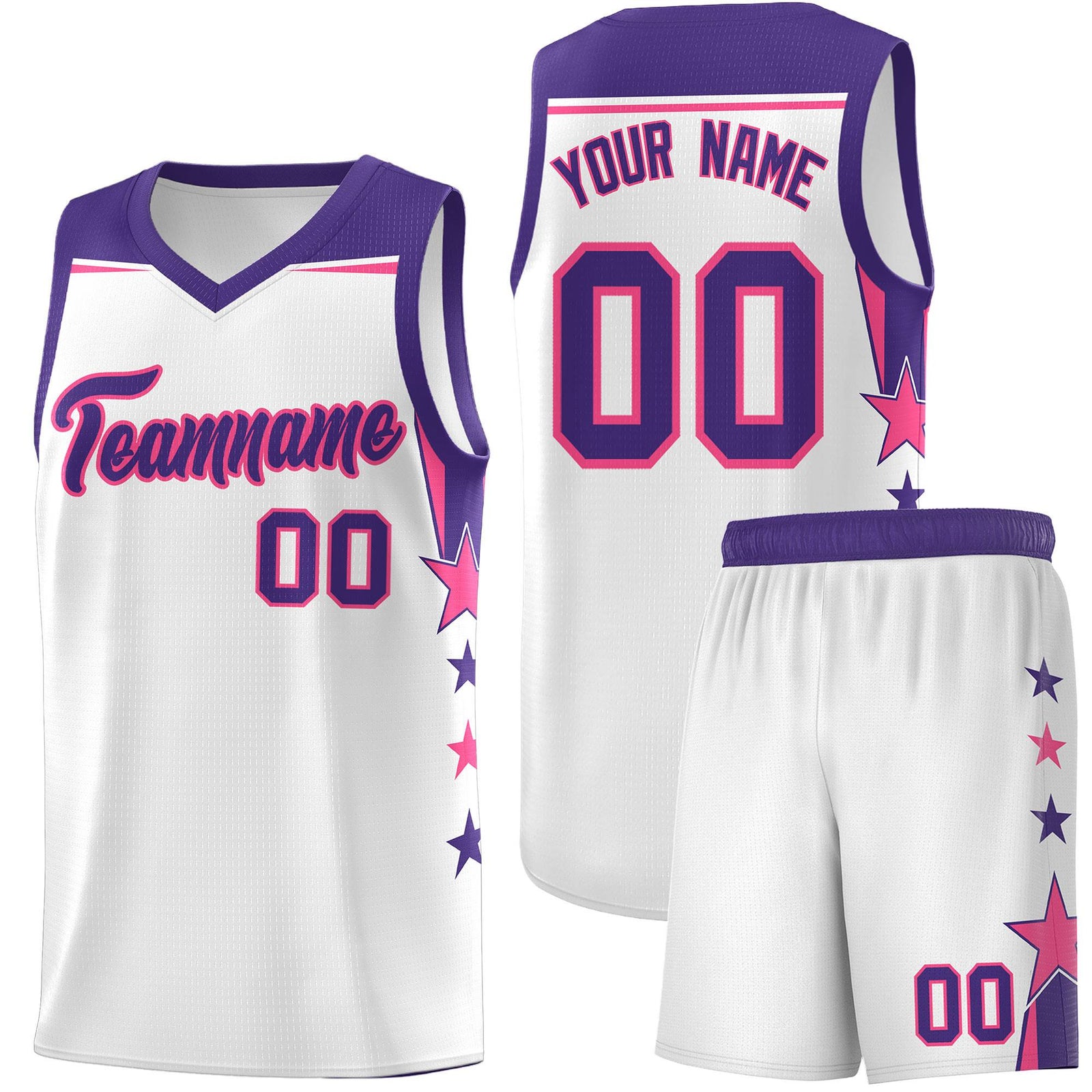 Custom Youth Basketball Uniform White Purple Two Tone Side Star Color Block Team Jersey