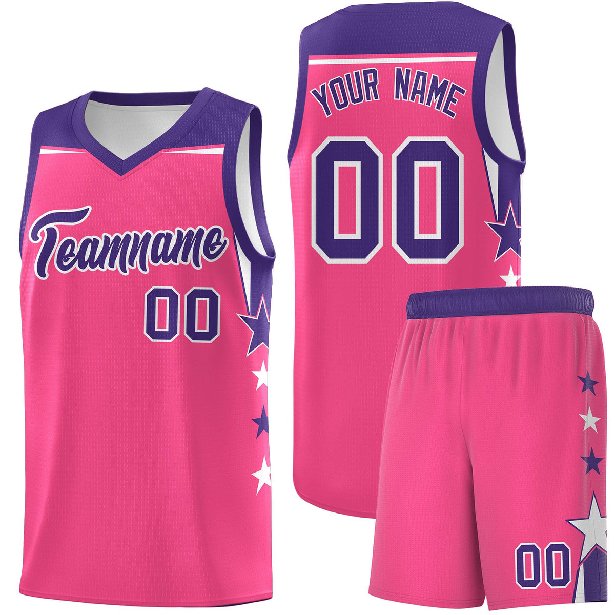 Custom Youth Basketball Uniform Pink Purple Two Tone Side Star Add Name Number & Logo
