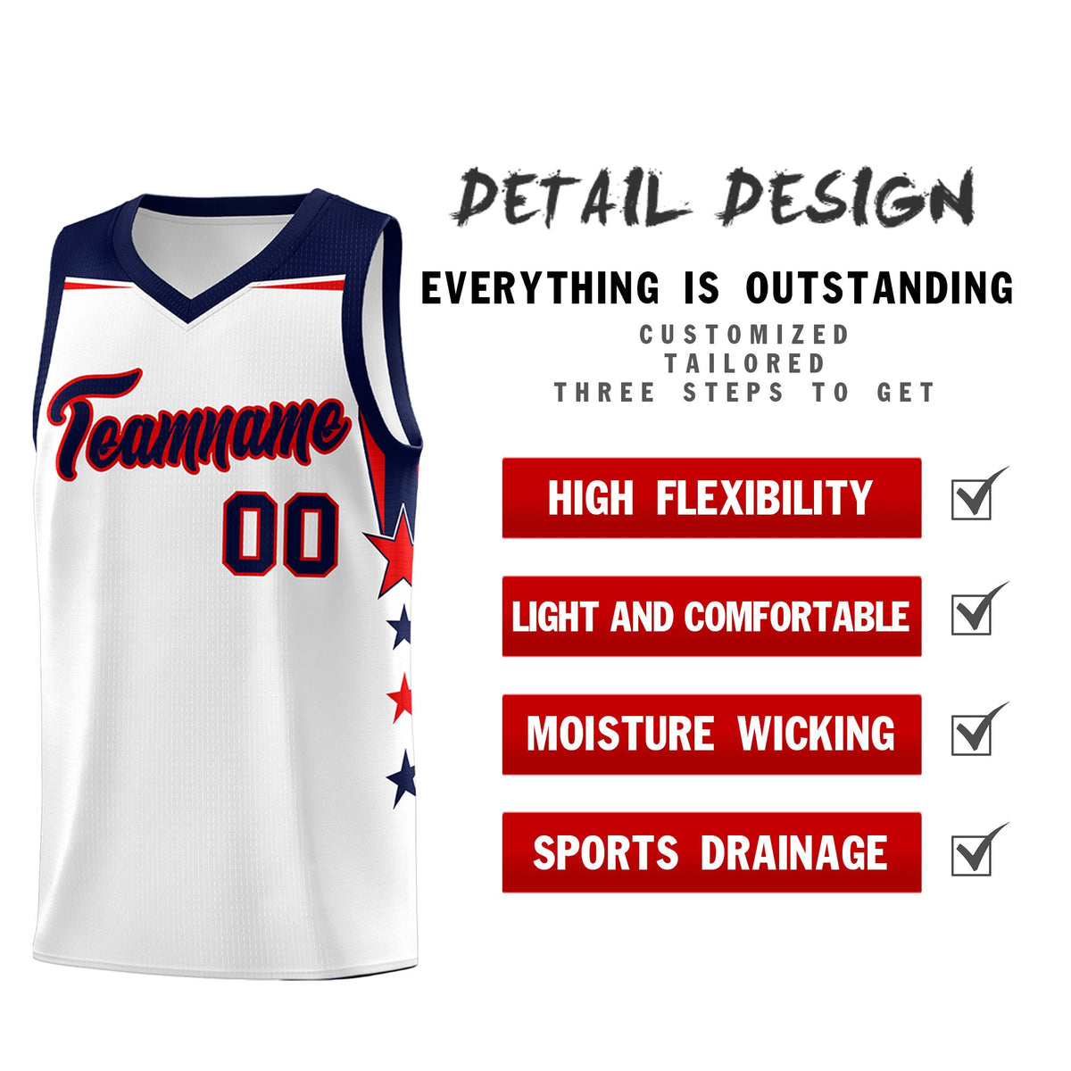 Custom Youth Basketball Uniform White Navy Two Tone Side Star Color Block Team Jersey