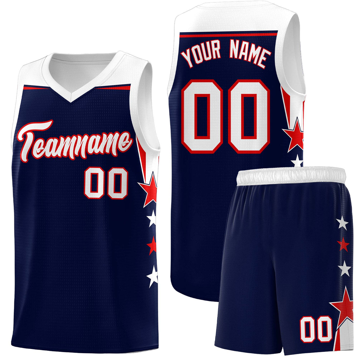 Custom Youth Basketball Uniform Navy White Two Tone Side Star Add Name Number & Logo