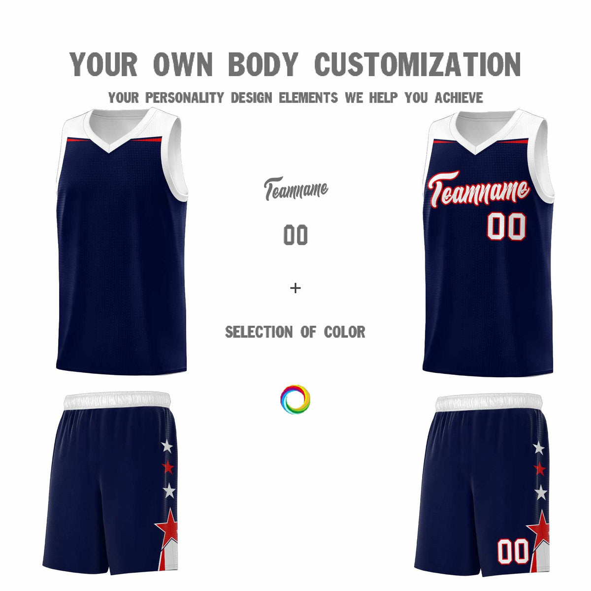 Custom Youth Basketball Uniform Navy White Two Tone Side Star Add Name Number & Logo