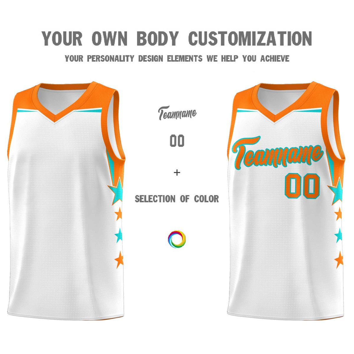 Custom Youth Basketball Uniform White Orange Two Tone Side Star Color Block Team Jersey