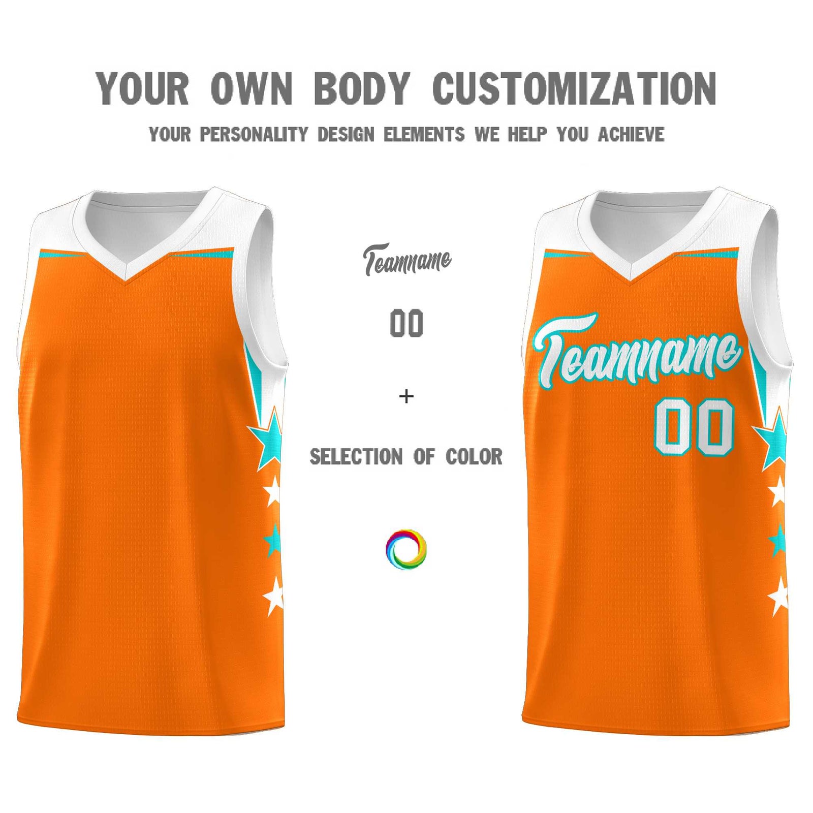 Custom Youth Basketball Uniform Orange White Two Tone Side Star Add Name Number & Logo