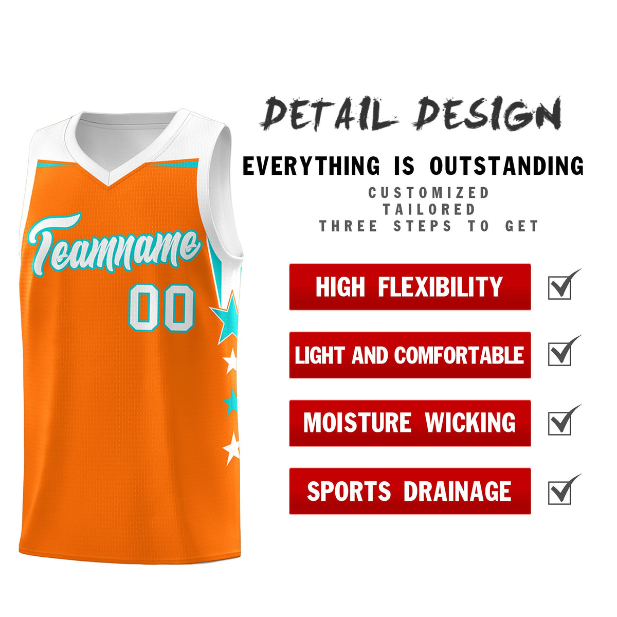 Custom Youth Basketball Uniform Orange White Two Tone Side Star Add Name Number & Logo