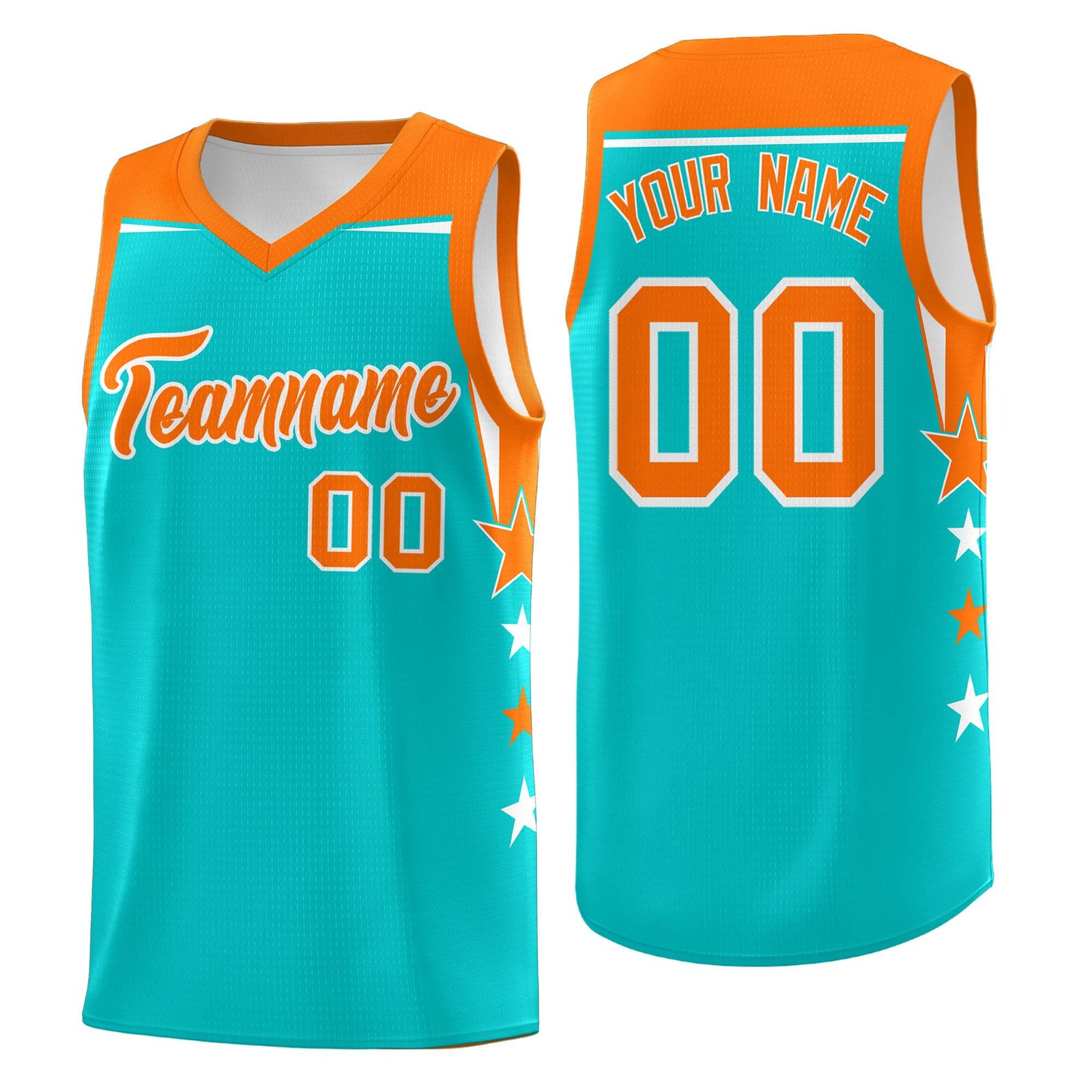 Custom Youth Basketball Uniform Aqua Orange Two Tone Side Star Personalized Team Jersey