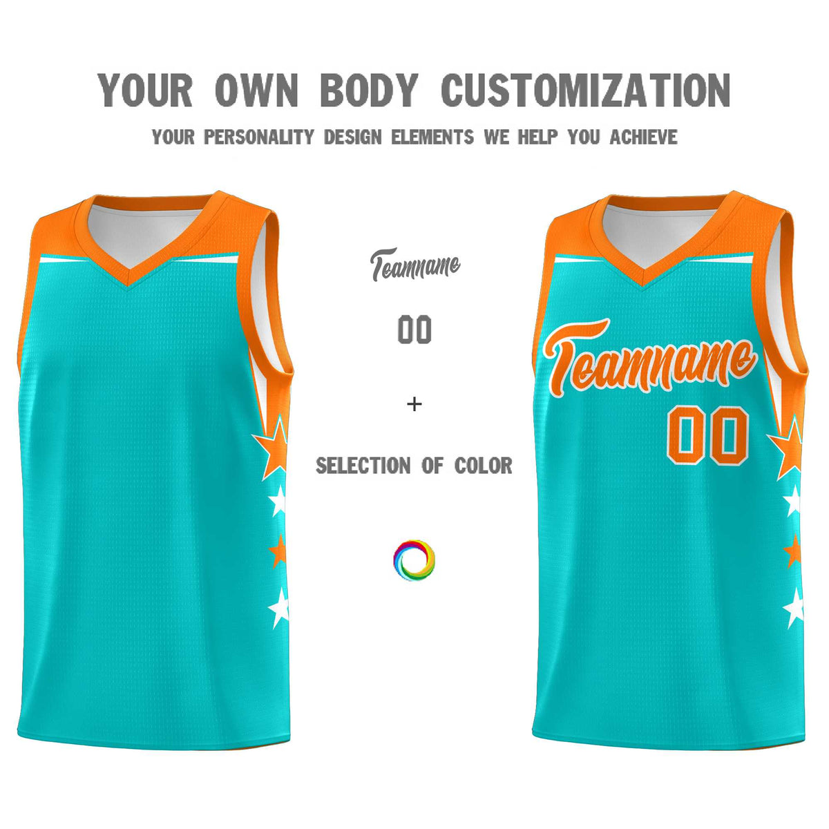 Custom Youth Basketball Uniform Aqua Orange Two Tone Side Star Personalized Team Jersey
