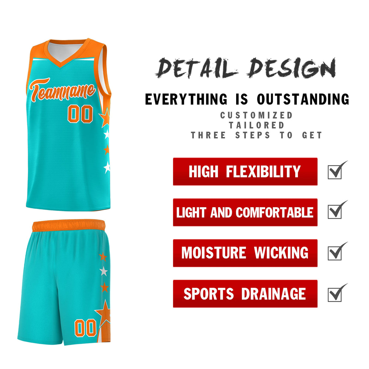 Custom Youth Basketball Uniform Aqua Orange Two Tone Side Star Personalized Team Jersey