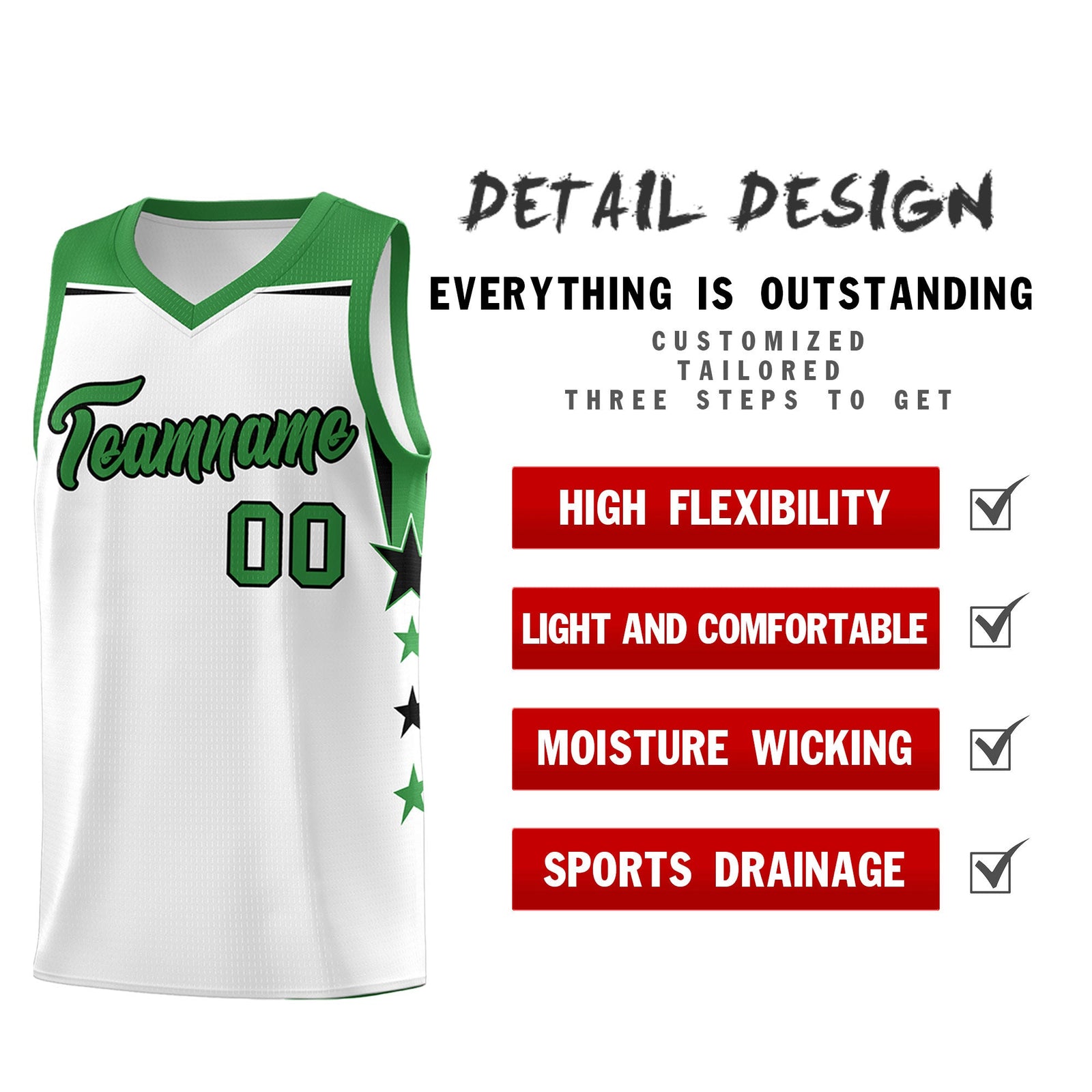 Custom Youth Basketball Uniform White Kelly Green Two Tone Side Star Color Block Team Jersey