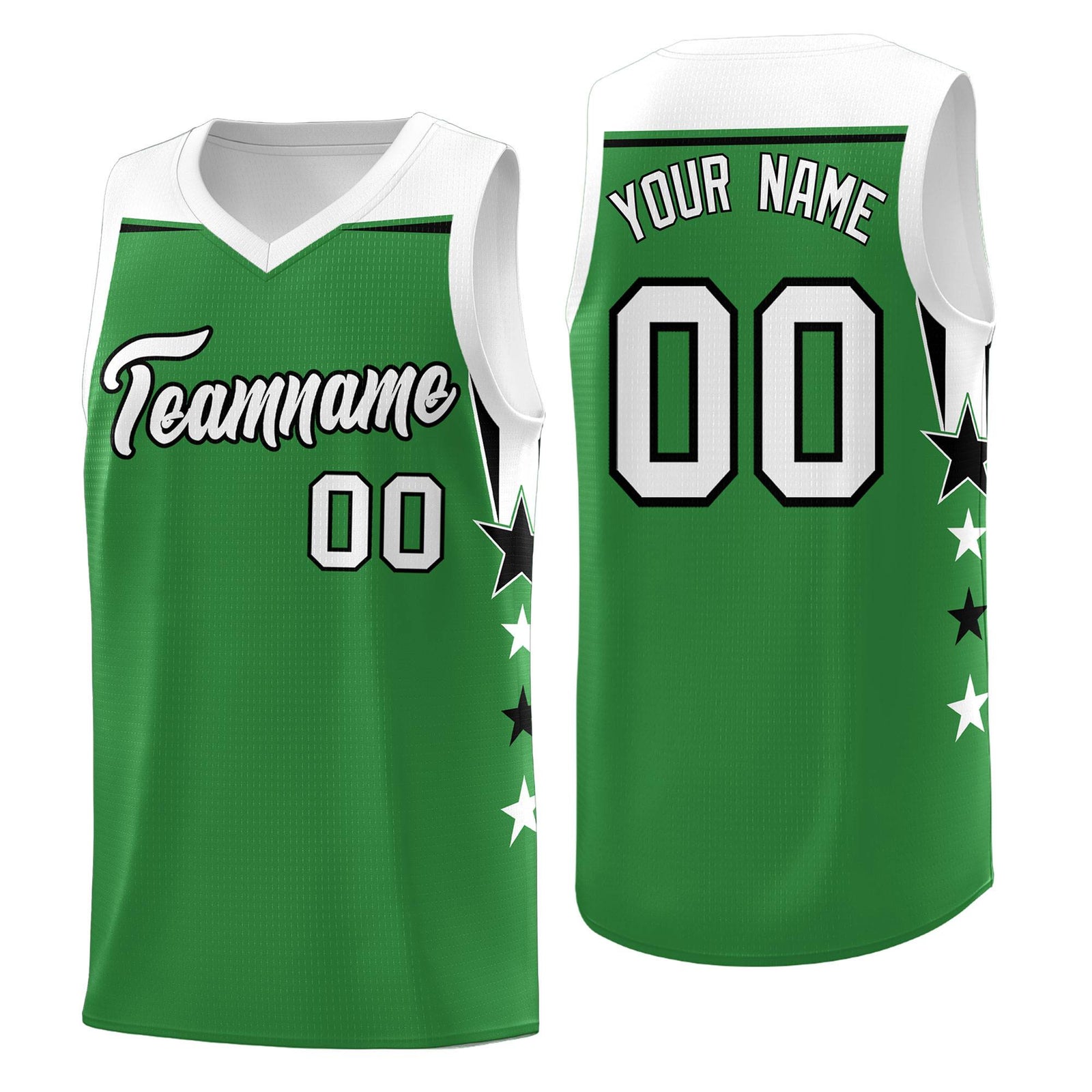 Custom Youth Basketball Uniform Kelly Green White Two Tone Side Star Add Name Number & Logo