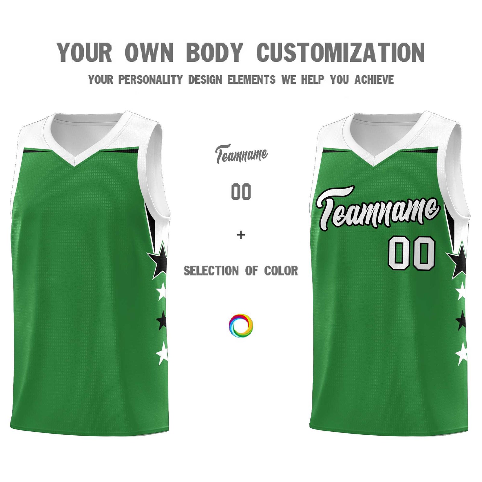 Custom Youth Basketball Uniform Kelly Green White Two Tone Side Star Add Name Number & Logo