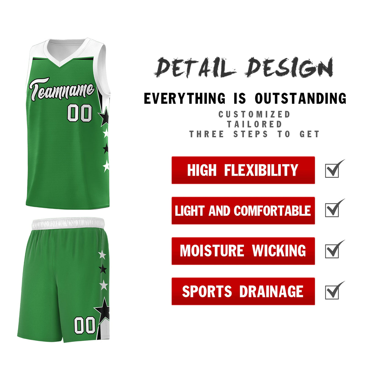 Custom Youth Basketball Uniform Kelly Green White Two Tone Side Star Add Name Number & Logo