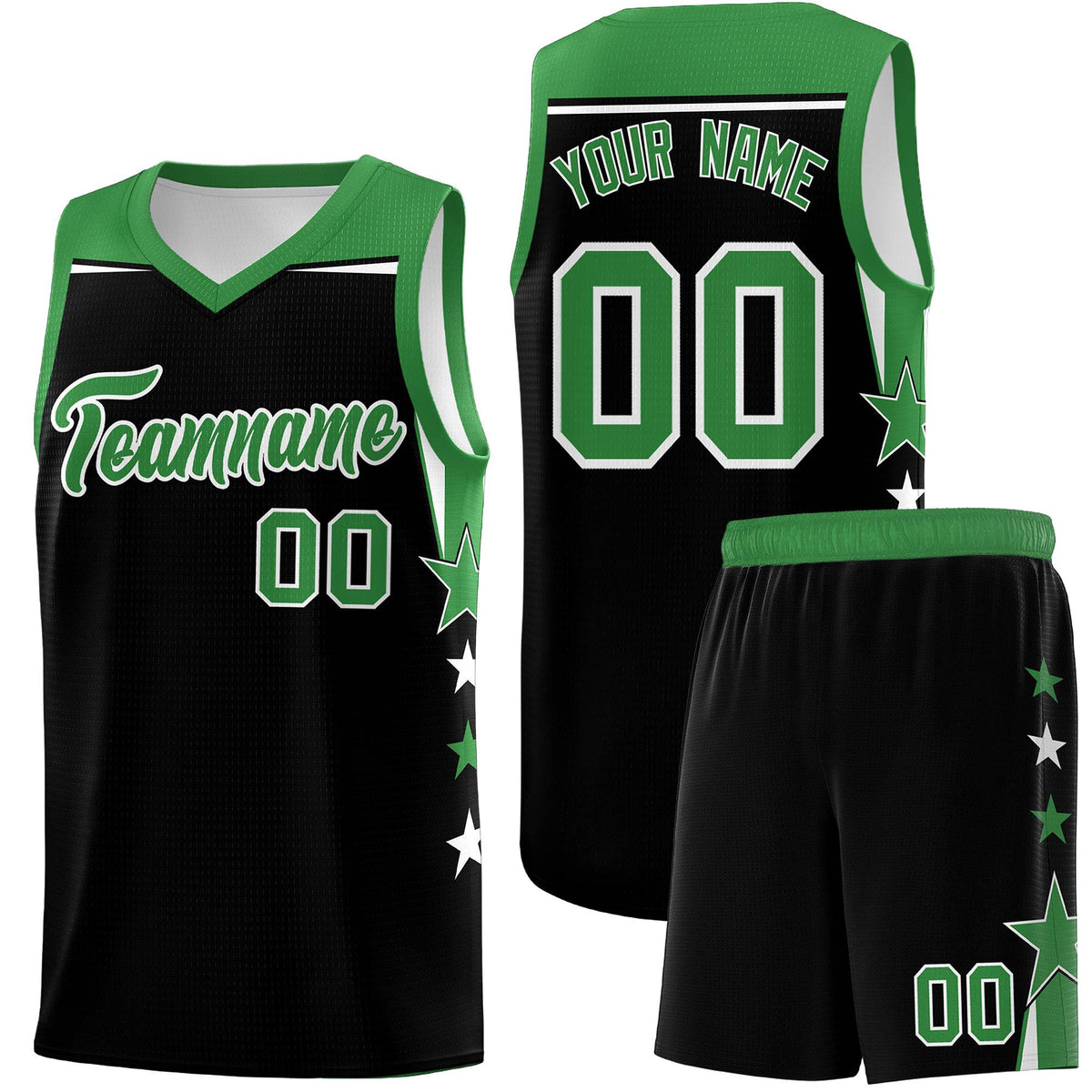 Custom Youth Basketball Uniform Black Kelly Green Two Tone Side Star Personalized Team Jersey