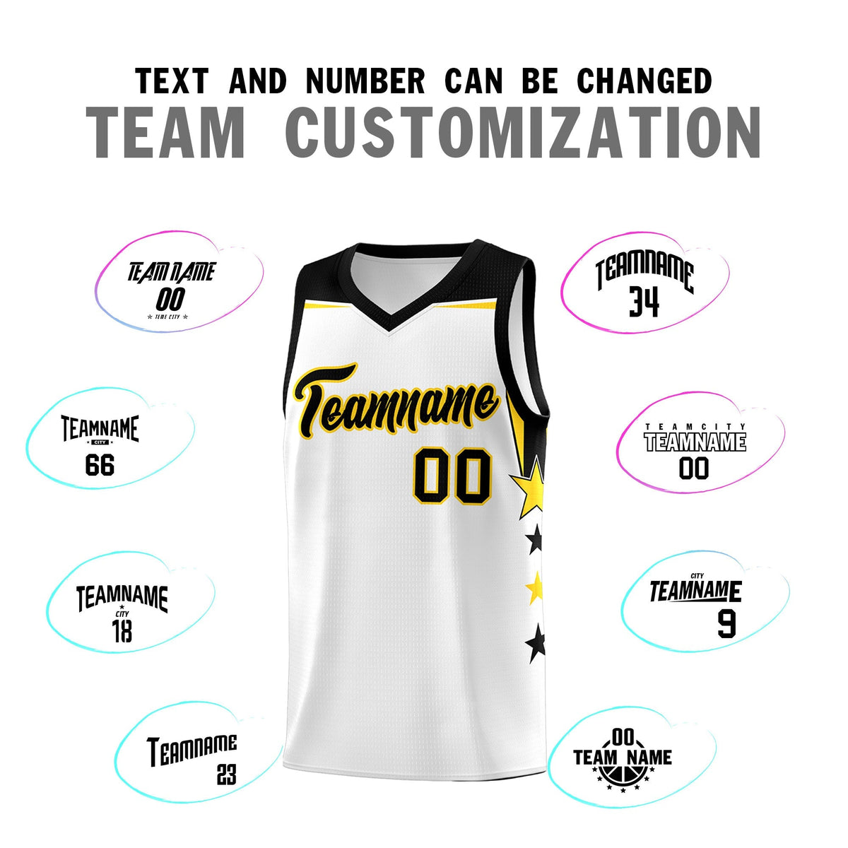 Custom Youth Basketball Uniform White Black Two Tone Side Star Color Block Team Jersey