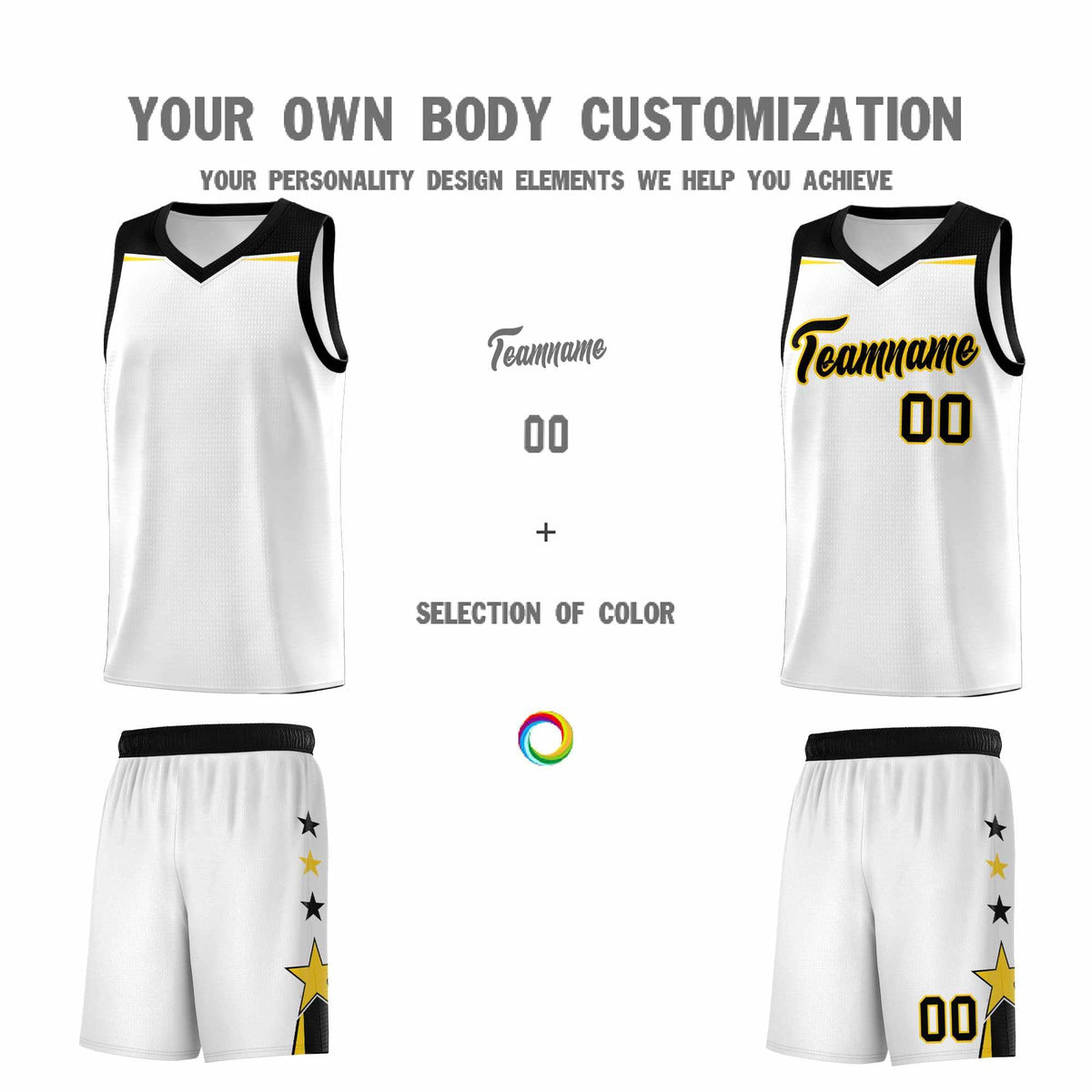 Custom Youth Basketball Uniform White Black Two Tone Side Star Color Block Team Jersey