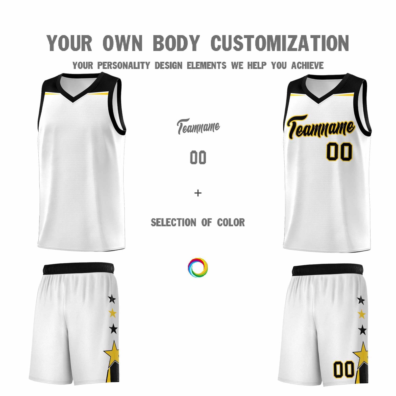 Custom Youth Basketball Uniform White Black Two Tone Side Star Color Block Team Jersey