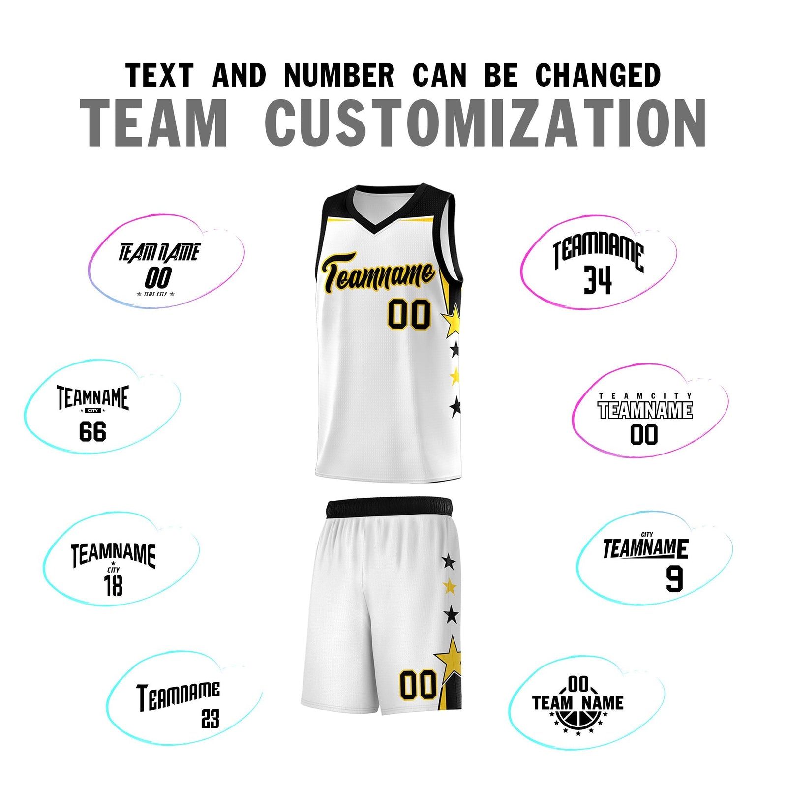 Custom Youth Basketball Uniform White Black Two Tone Side Star Color Block Team Jersey